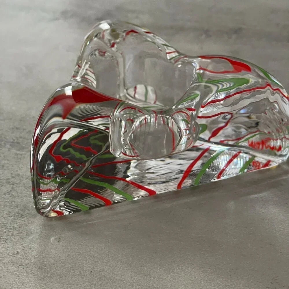 Kosta Boda VTG Piece of Cake Red Green Stripe Triangle Candleholder Signed